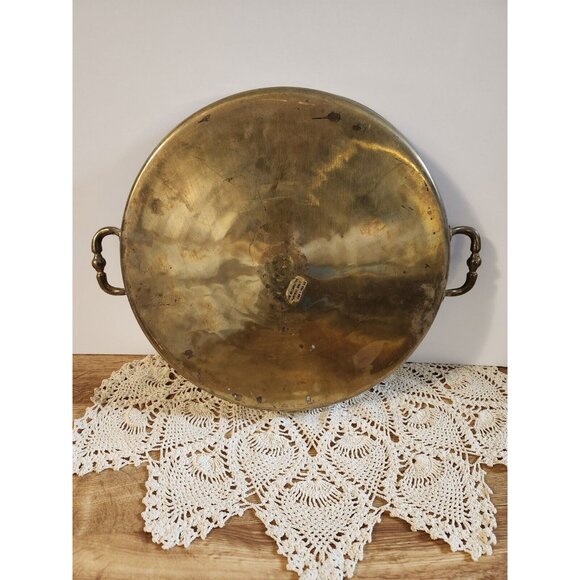 MCM Brass Handled Tray Faux Wood Laminate 11" Round Vintage - Picture 2 of 9